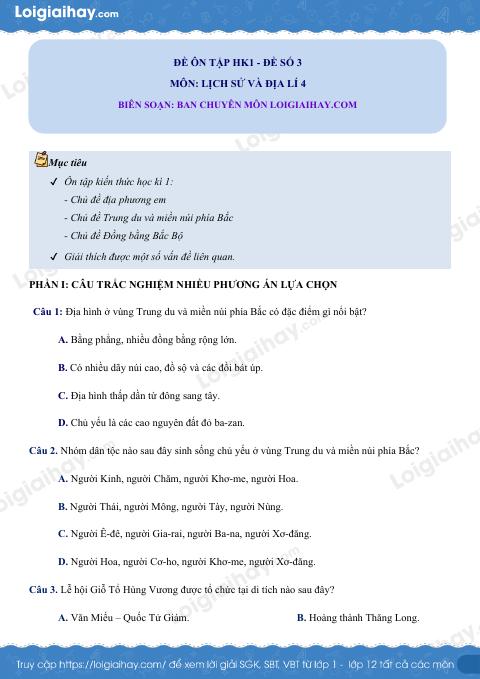 Đề kiểm tra học kì 1 Lịch sử và Địa lí 4 - Đề số 3